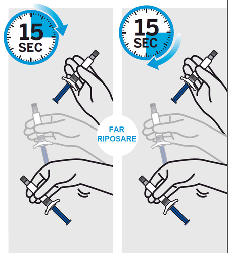 Mani che preparano e iniettano un farmaco con siringa, cronometro che indica 15 secondi, freccia che indica il movimento e scritta