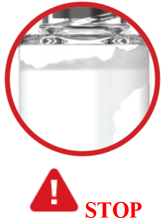 Fiala di vetro trasparente con liquido bianco e tappo nero circondata da un cerchio rosso con simbolo di stop e punto esclamativo