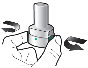 Mano che ruota un dispositivo cilindrico bianco con frecce curve nere che indicano la direzione di rotazione