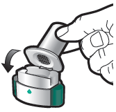 Dispositivo inalatorio con cappuccio grigio e base verde aperto con freccia che indica la rotazione