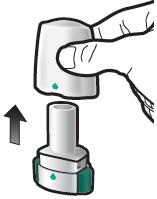 Dispositivo autoiniettante bianco e verde con ago protetto da cappuccio trasparente freccia direzionale verso l