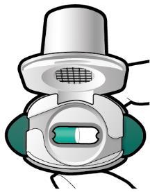 Inalatore nasale con sezione trasversale che mostra la capsula verde all