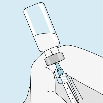 Fiala di vetro trasparente con tappo grigio e siringa collegata per l