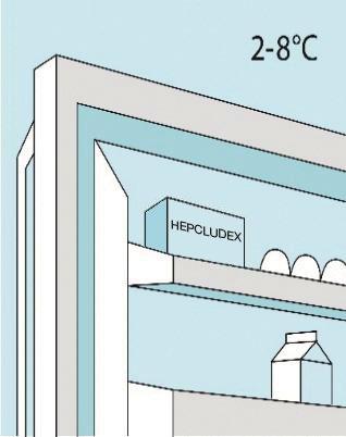 Frigorifero con ripiani contenente confezioni di farmaci Hepcludex e altri medicinali, indicazione di temperatura 2-8&deg;C