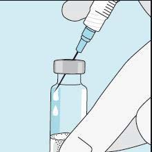 Fiala di vetro trasparente con liquido e tappo grigio, siringa con ago che preleva il farmaco