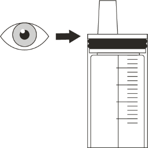 Occhio stilizzato che guarda una siringa trasparente graduata con stantuffo nero e freccia direzionale