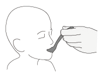 Mano che introduce un misurino contenente liquido nella bocca di una persona con occhi chiusi