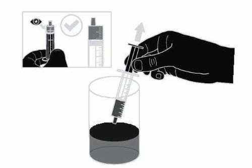 Mano che tiene una siringa sopra un contenitore di rifiuti, con fiala e siringa precompilata accanto e freccia che indica lo smaltimento