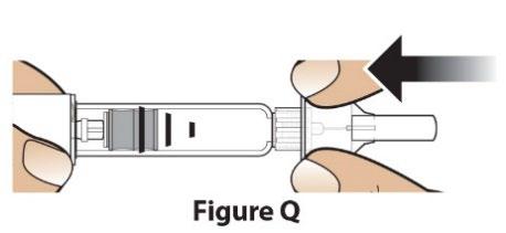 Dispositivo di iniezione precompilato tenuto tra le dita con freccia nera che indica la pressione sull