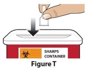 Mano che rilascia una fiala di vetro in un contenitore rosso per oggetti taglienti con simbolo di rischio biologico e freccia direzionale