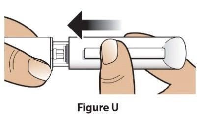 Mano che afferra un dispositivo per iniezione precompilato con freccia nera che indica la direzione di spinta