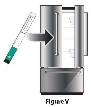 Penna per insulina con ago protetto e frigorifero aperto con freccia che indica il riponimento nel vano refrigerato