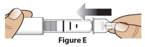 Mano che tiene una siringa preriempita con scala graduata e ago trasparente freccia indica la direzione di spinta