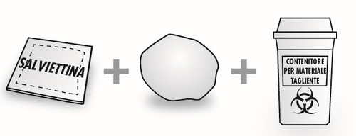 Salviettina disinfettante, compressa medicinale e contenitore per materiali taglienti con simbolo di rischio biologico