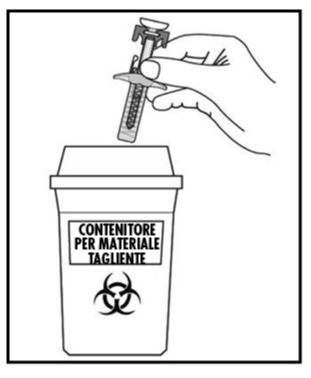 Mano che inserisce una siringa usata in un contenitore bianco con simbolo di rischio biologico e scritta &ldquo;Contenitore per materiale tagliente&rdquo;