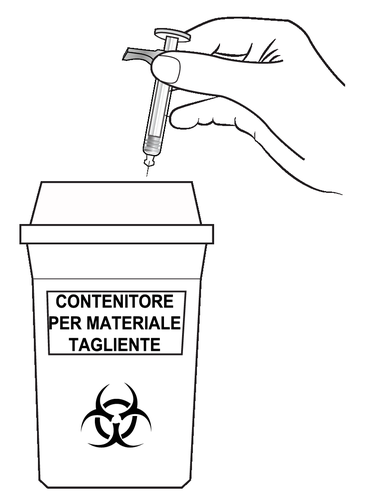 Mano che inserisce una siringa in un contenitore per materiali taglienti con simbolo di rischio biologico e scritta