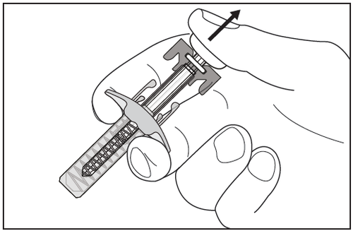 Mano che tiene un dispositivo autoiniettante con ago esposto e freccia che indica la direzione di iniezione