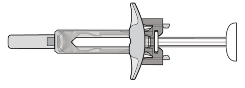 Siringa preriempita con stantuffo retratto e ago protetto da cappuccio di sicurezza trasparente