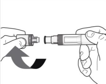 Due mani che assemblano un dispositivo medico con due componenti cilindrici e una freccia nera che indica la direzione di connessione