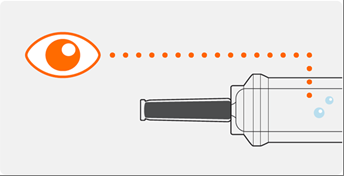 Occhio stilizzato arancione che guarda attraverso un mirino di una siringa trasparente con liquido blu e bolle d