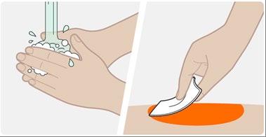 Mani che si lavano con acqua e sapone a sinistra e mano che asciuga la pelle con una salvietta disinfettante su sfondo arancione a destra