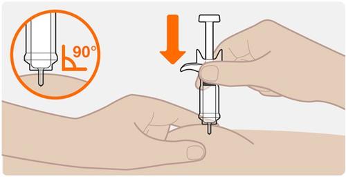 Siringa con ago che viene premuto sulla pelle con un angolo di 90 gradi indicato da un cerchio arancione e una freccia