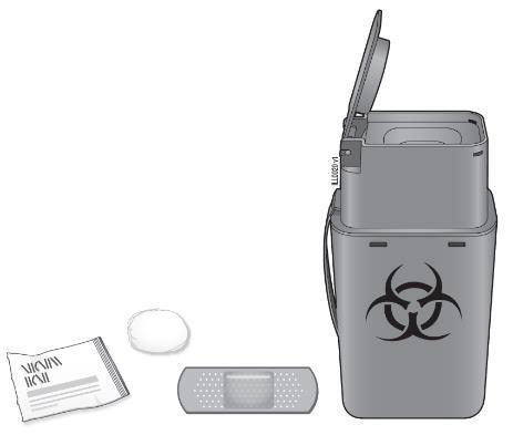 Contenitore per rifiuti speciali con simbolo biohazard, una bustina, un tampone di cotone e un cerotto vicino
