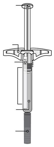 Siringa preriempita con stantuffo retratto e liquido medicinale trasparente all