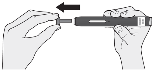 Mani che impugnano un dispositivo penna per iniezione sottocutanea con ago parzialmente inserito e freccia direzionale