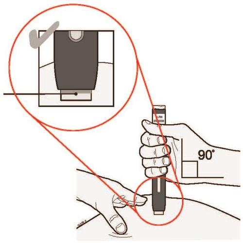 Mano che tiene un dispositivo autoiniettante ad angolo retto sulla coscia, con ingrandimento del meccanismo e spunta di conferma