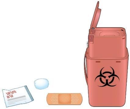 Contenitore rosso per rifiuti speciali con simbolo biohazard, garze, cerotto e una fiala di vetro trasparente accanto