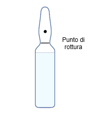 Fiala di vetro trasparente con liquido interno e punto di rottura indicato lateralmente
