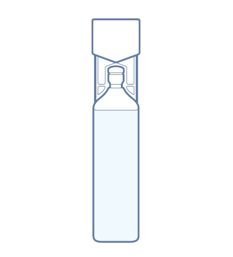 Fiala di medicinale trasparente con collo stretto e tappo superiore blu, contorno semplice a linea blu