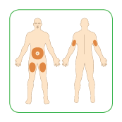 Schema corporeo umano con aree evidenziate in arancione su addome e cosce per indicare possibili siti di iniezione