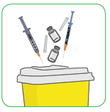 Siringhe, fiale di medicinale e contenitore giallo per rifiuti speciali su sfondo bianco