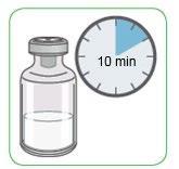 Fiala di medicinale trasparente accanto a un orologio che indica 10 minuti con una sezione azzurra