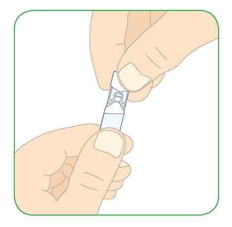 Mano che afferra un dispositivo medico blu trasparente con due alette laterali bianche per l