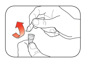 Mano che tiene un dispositivo medico con un cappuccio avvitabile e una freccia rossa curva che indica il movimento di rotazione