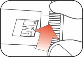Dispositivo di iniezione automatico con scala graduata da 6 a 10 e freccia rossa che indica la regolazione della dose
