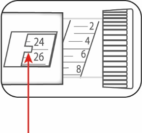 Schema di una cartuccia graduata con numeri 24 26 e freccia rossa che indica il livello del liquido graduato su scala numerica