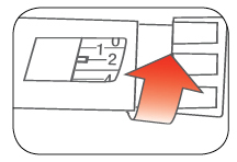 Fiala di vetro con scala graduata e numeri 1 e 2, freccia rossa che indica il punto di iniezione