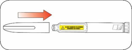 Penna iniettabile con ago protettivo scorrevole indicato da una freccia arancione verso il punto di inserimento