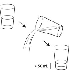Liquido che viene versato da un bicchiere a un altro tramite un imbuto con indicazione di volume circa 50 mL