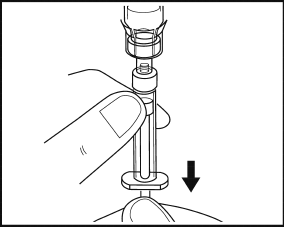 Dito che preme il pulsante di un dispositivo autoiniettante con ago visibile e freccia nera che indica la direzione