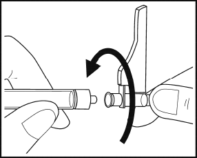Mano che tiene un dispositivo di iniezione autoattivante con freccia curva che indica la rotazione del cilindro