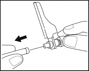 Siringa con ago inserito in un tappo di gomma, freccia nera indica direzione di rotazione e mano che la tiene