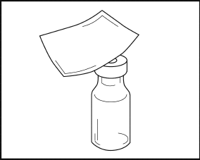 Fiala di medicinale con tappo e protezione trasparente sollevata per l