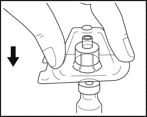 Mani che tengono un dispositivo medico con due cilindri sovrapposti e una freccia nera che indica la direzione verso il basso