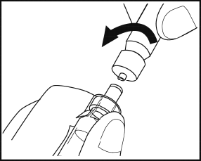 Dispositivo di iniezione con ago che si avvita al cilindro e freccia che indica la direzione di rotazione