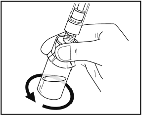 Mano che ruota un cilindro di vetro con un pistone bianco e un ago inserito, freccia curva indica la rotazione